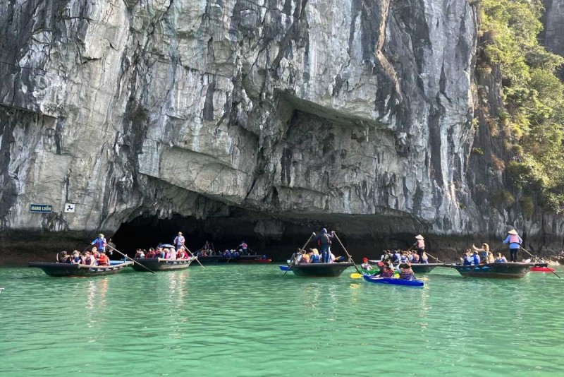 Bamboo Boat Ride Luon Cave Halong Bay at cave entrance Bamboo boats crowded with tourists gathered near the limestone cave entrance at Luon Cave, Halong Bay