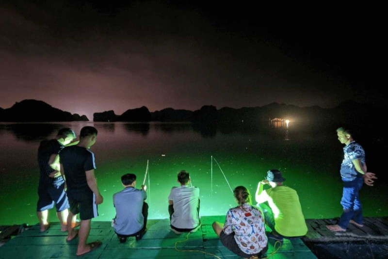 Squid Fishing Halong Bay Nighttime Pier Adventure Group fishing for squid at night on a pier in Halong Bay, illuminated by green underwater lights.