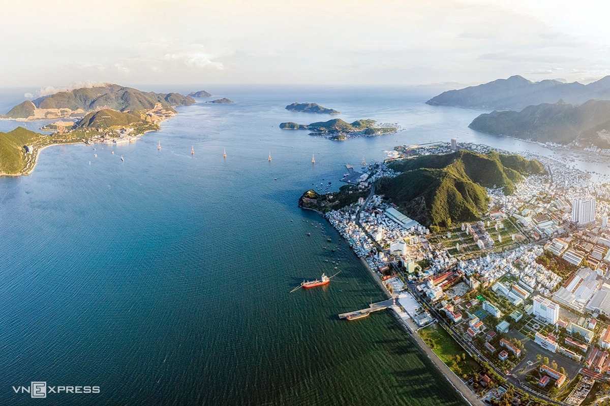 Aerial view of Cau Da Port and islands Panoramic aerial shot of Cau Da Port Nha Trang and surrounding islands.