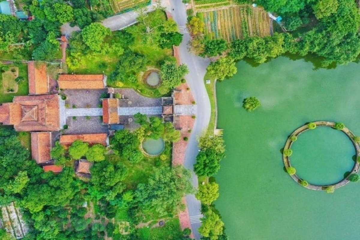Aerial View of Co Loa Ancient Citadel Grounds Aerial view of the Co Loa Ancient Citadel showing historical buildings and surrounding greenery