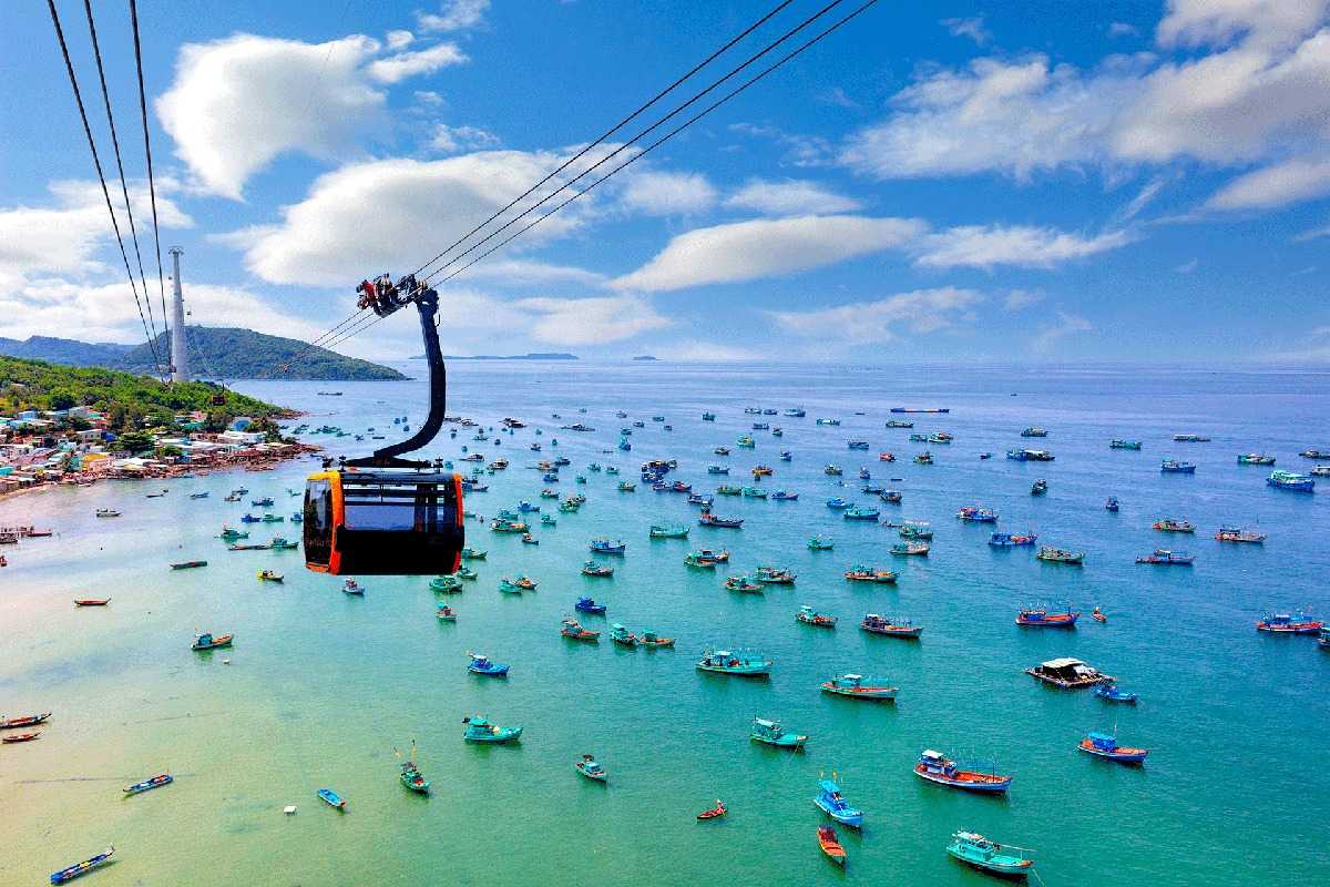 Aerial View of Hon Thom Island and Cable Car Station Aerial view showing Hon Thom Island with cable car lines and boats in surrounding waters