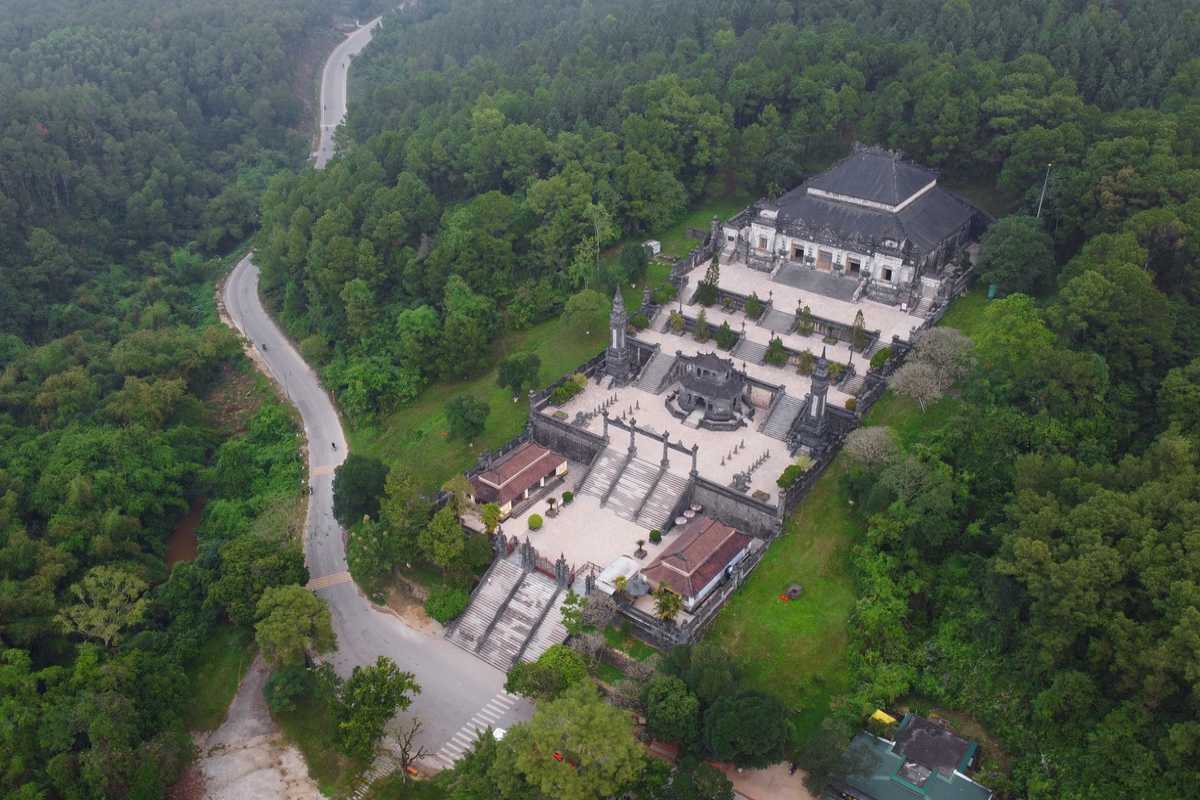 Aerial view of Khai Dinh Tomb complex Aerial perspective of Khai Dinh Tomb showing full layout from entrance to Thien Dinh Palace in Hue