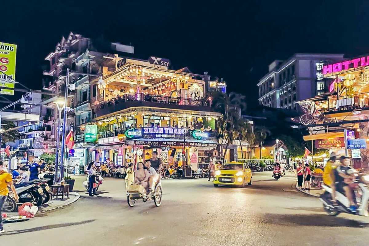 Aerial View of Nguyen Dinh Chieu Walking Street Night Market Aerial shot showing thousands of visitors crowding Nguyen Dinh Chieu Walking Street at night
