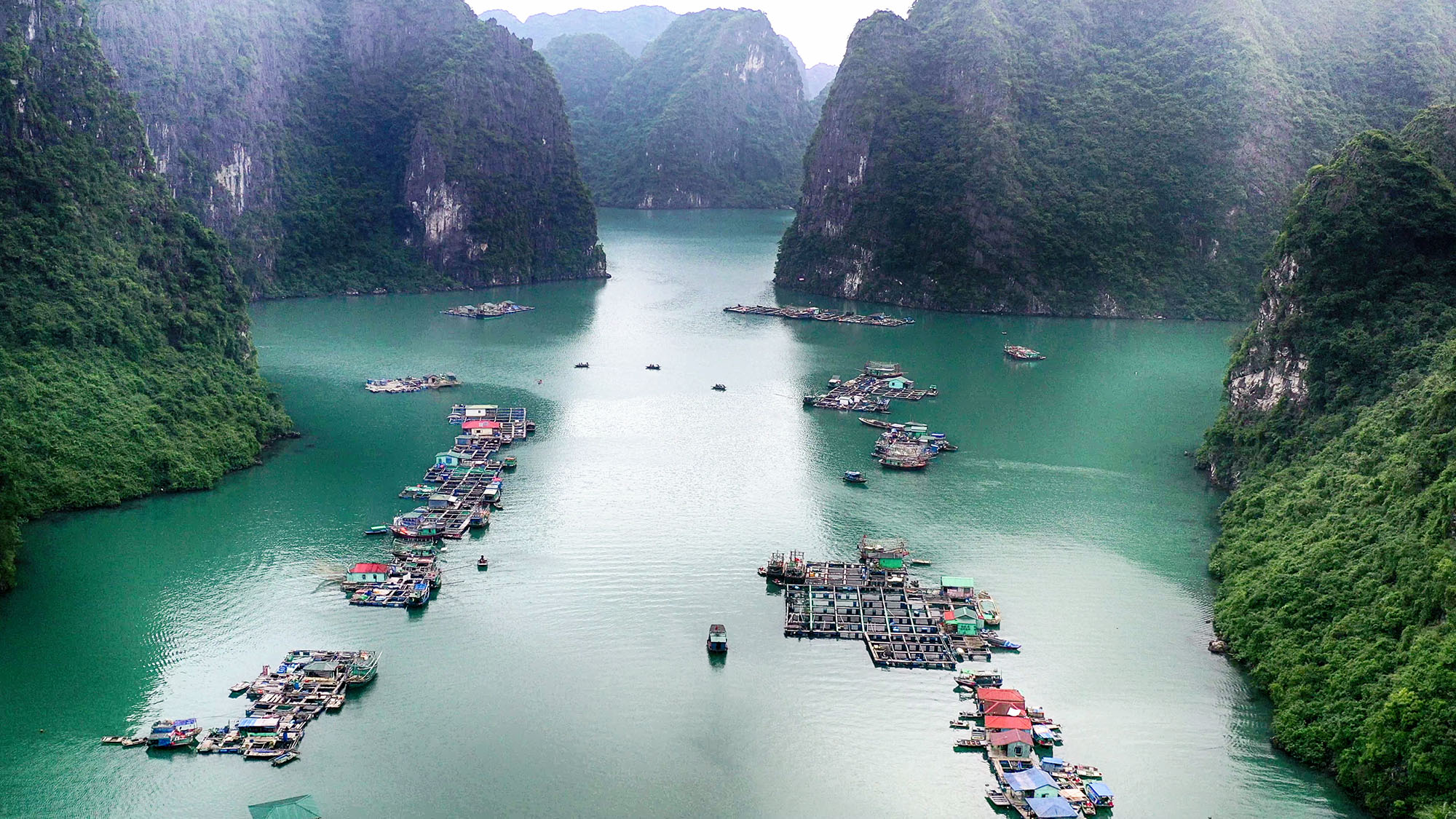 Aerial view of Cua Van Floating Village in Halong Bay, surrounded by limestone mountains and emerald waters.