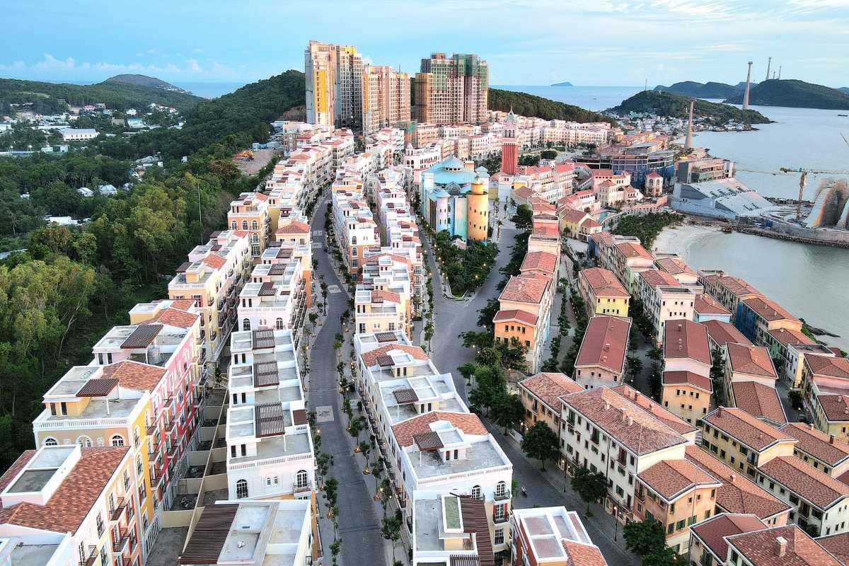 Aerial View of Sunset Town Phu Quoc Aerial image showing colorful townhouses and greenery in Sunset Town Phu Quoc
