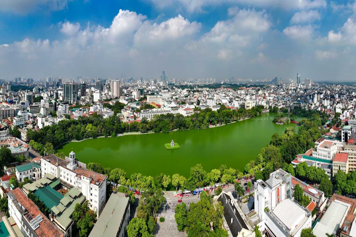 Aerial View of Turtle Tower Hanoi on Hoan Kiem Lake Aerial shot showing Turtle Tower surrounded by water in Hoan Kiem Lake Hanoi