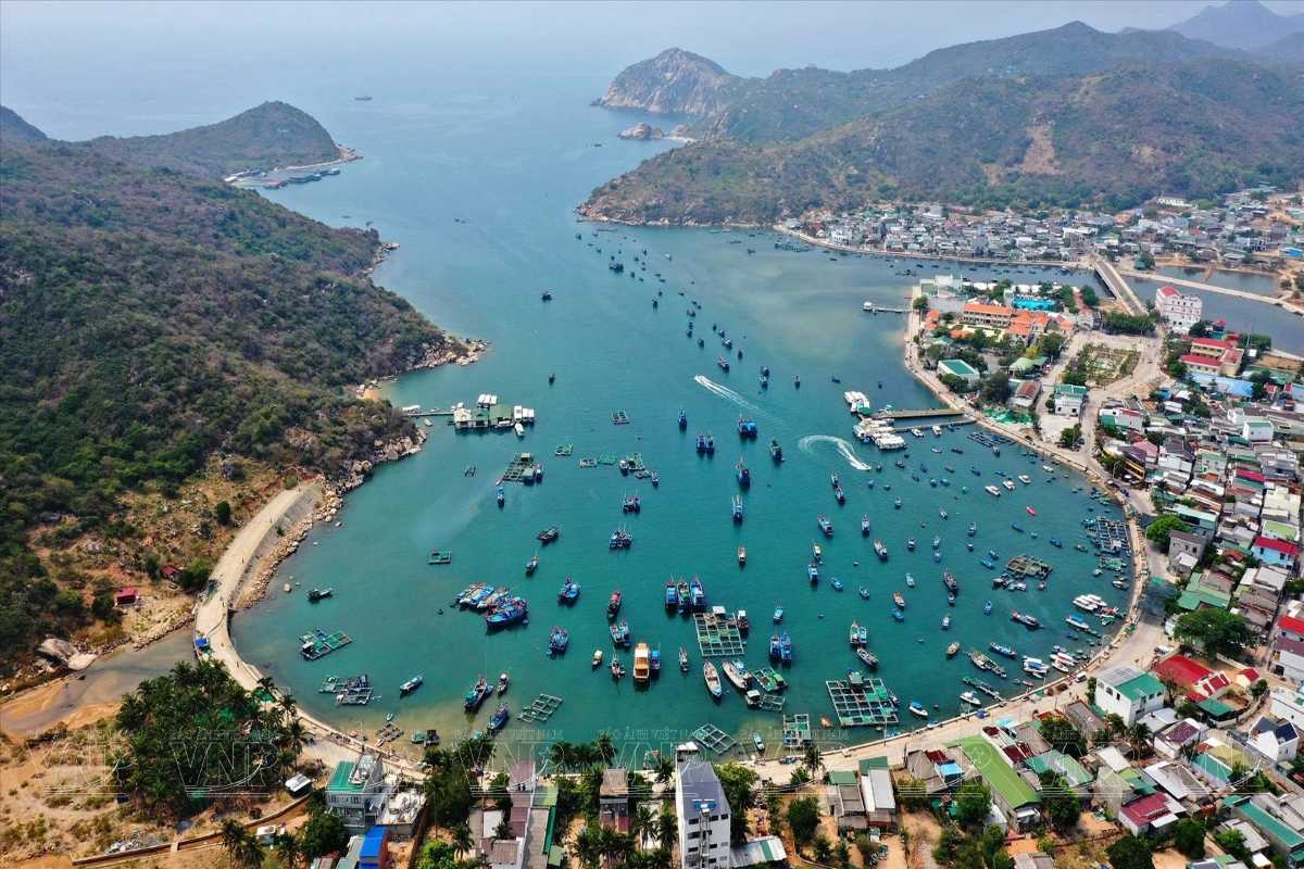 Aerial View of Vinh Hy Bay Harbor Aerial shot of Vinh Hy Bay harbor filled with fishing boats and surrounding mountains