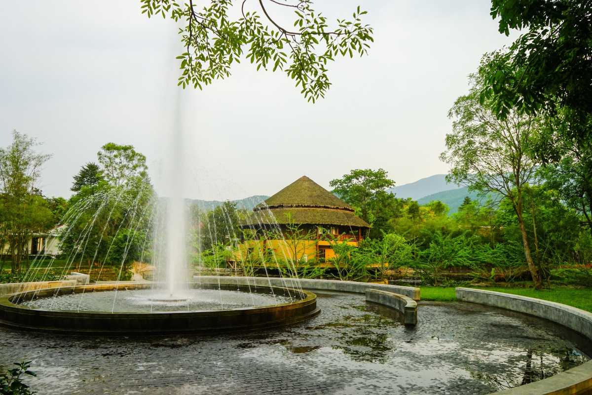 Hot Spring Steam Rising in Morning Light Early morning steam rising from hot spring pools surrounded by greenery at Alba Thanh Tan