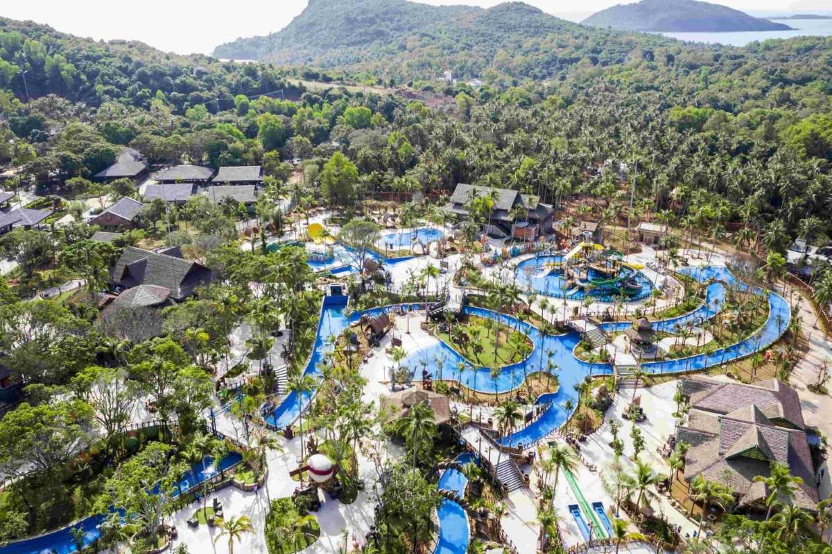Aerial view of Aquatopia Water Park on Hon Thom Island, Phu Quoc with colorful slides and pools