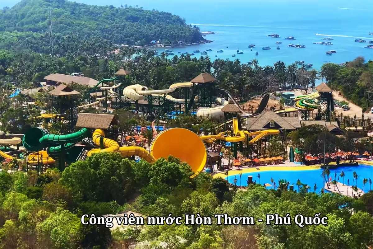 Lazy River Surrounded by Tropical Landscape Lazy river winding through lush tropical plants at Aquatopia Water Park, Hon Thom Island