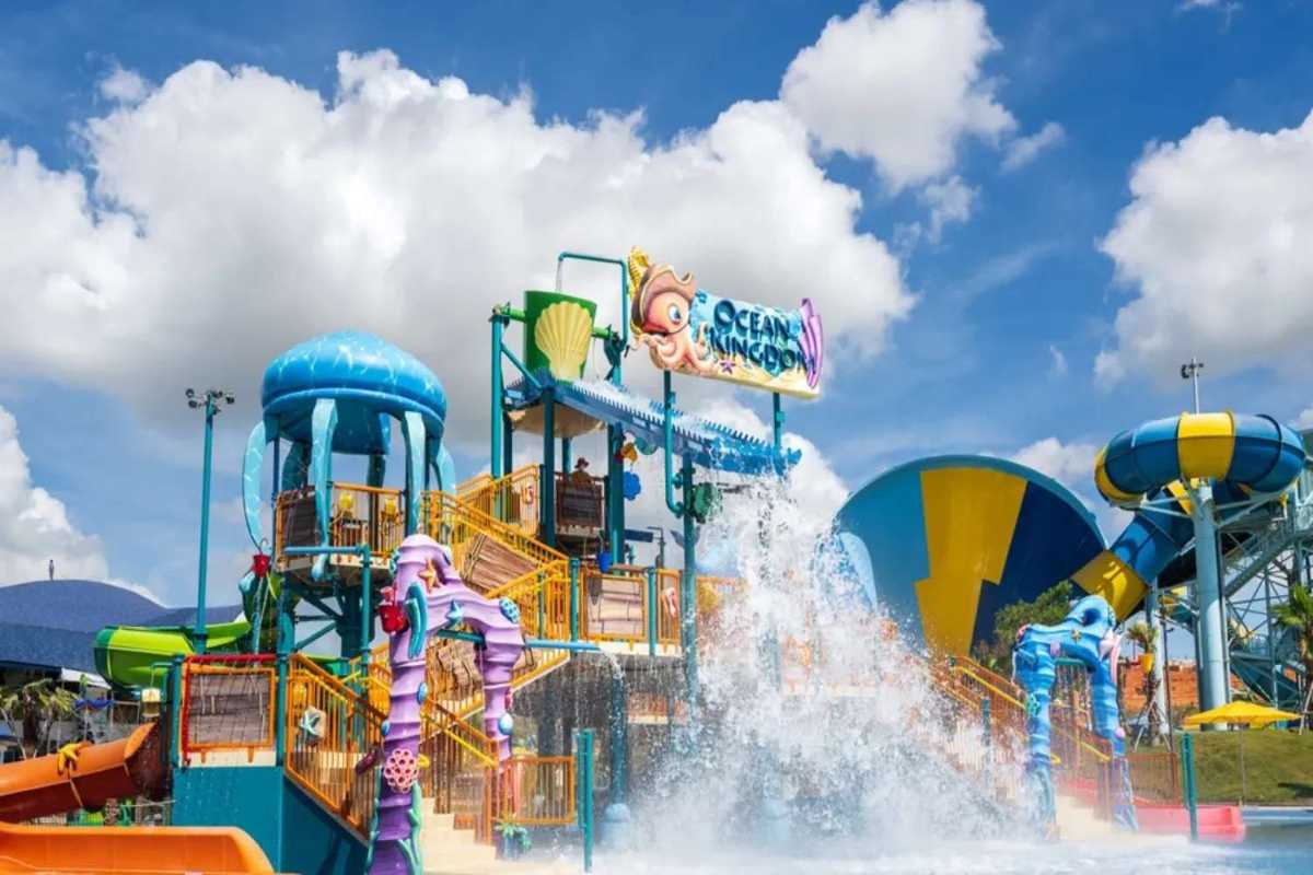Panoramic View of Aquatopia Water Park Hon Thom Island Panoramic aerial photo of Aquatopia Water Park showing waterslides and lush tropical scenery