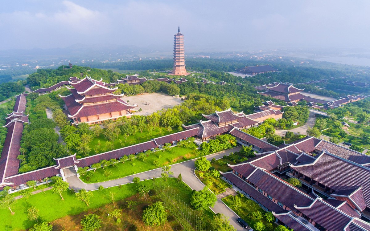 Aerial view of Bai Dinh Pagoda architecture showcasing the vast complex in Ninh Binh, Vietnam.