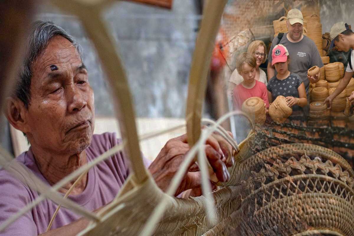 Elder artisan weaving bamboo basket Elderly artisan focused on weaving a bamboo basket as tourists observe at Phu Vinh Ancient Village