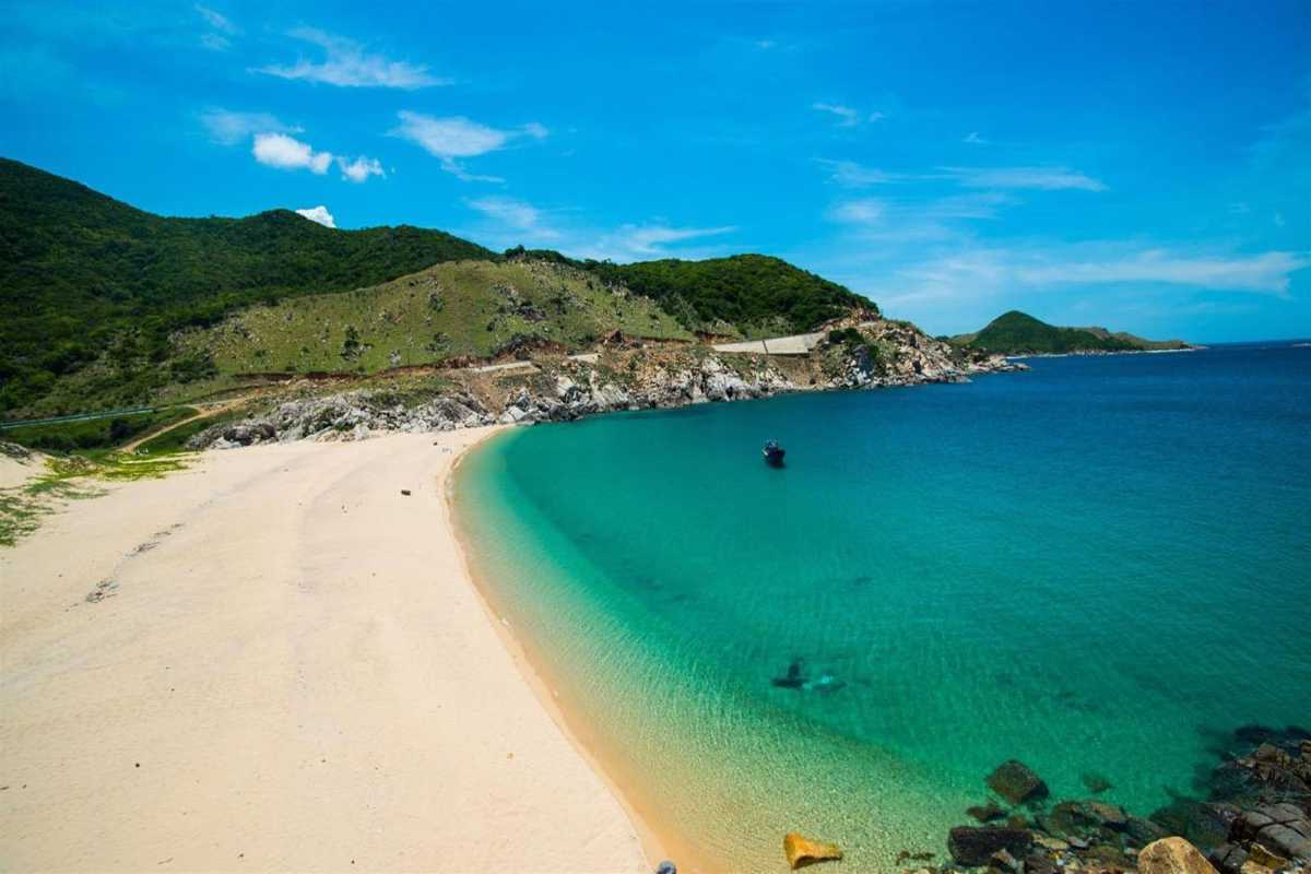 Ba Dien Beach Aerial View with Boats Aerial view of Ba Dien Beach with boats moored in turquoise waters in Ninh Thuan