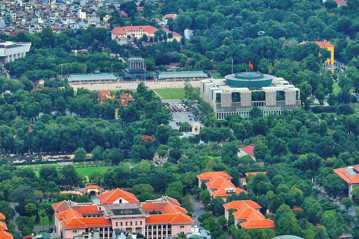 Ba Dinh Square Hanoi - Aerial View of the Mausoleum Aerial view of Ba Dinh Square Hanoi, with the Ho Chi Minh Mausoleum centrally placed in the vast square.