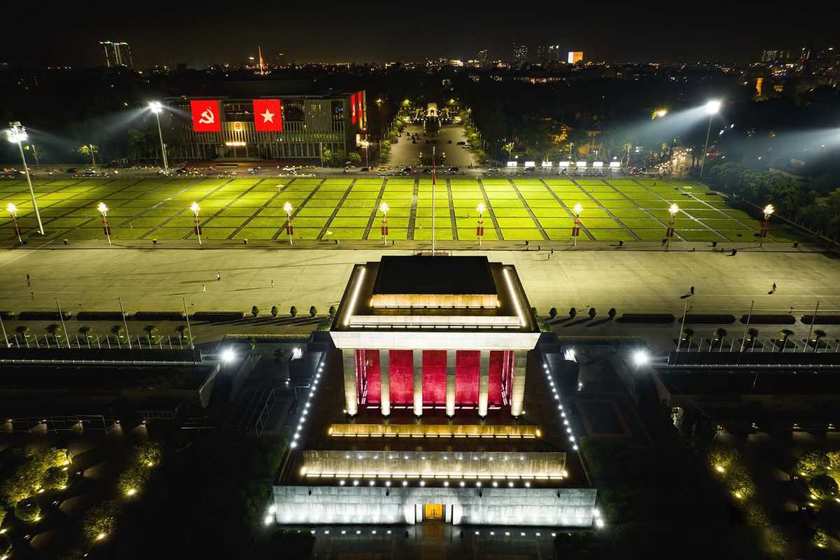 Ba Dinh Square Hanoi at Night with Illuminated Monument Aerial view of Ba Dinh Square Hanoi at night with illuminated monument