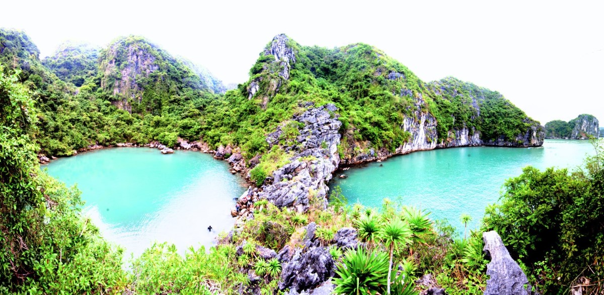 A breathtaking view of Ba Ham Lake in Lan Ha Bay surrounded by lush green limestone cliffs and emerald waters.