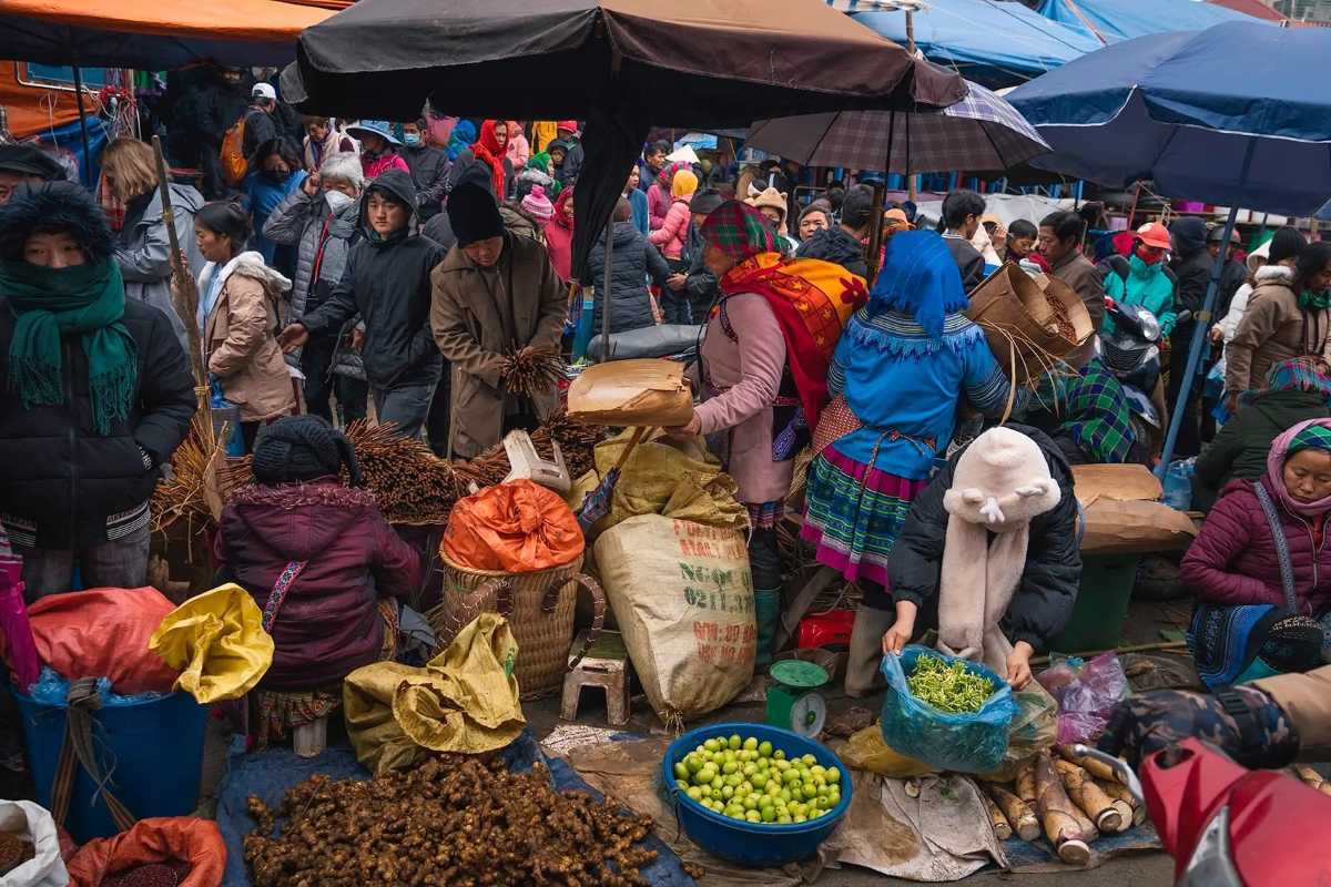 Bac Ha Market Sapa colorful ethnic crowd and local produce Bac Ha Market vibrant scene with Flower Hmong vendors, local produce, traditional clothing, and bustling market activity
