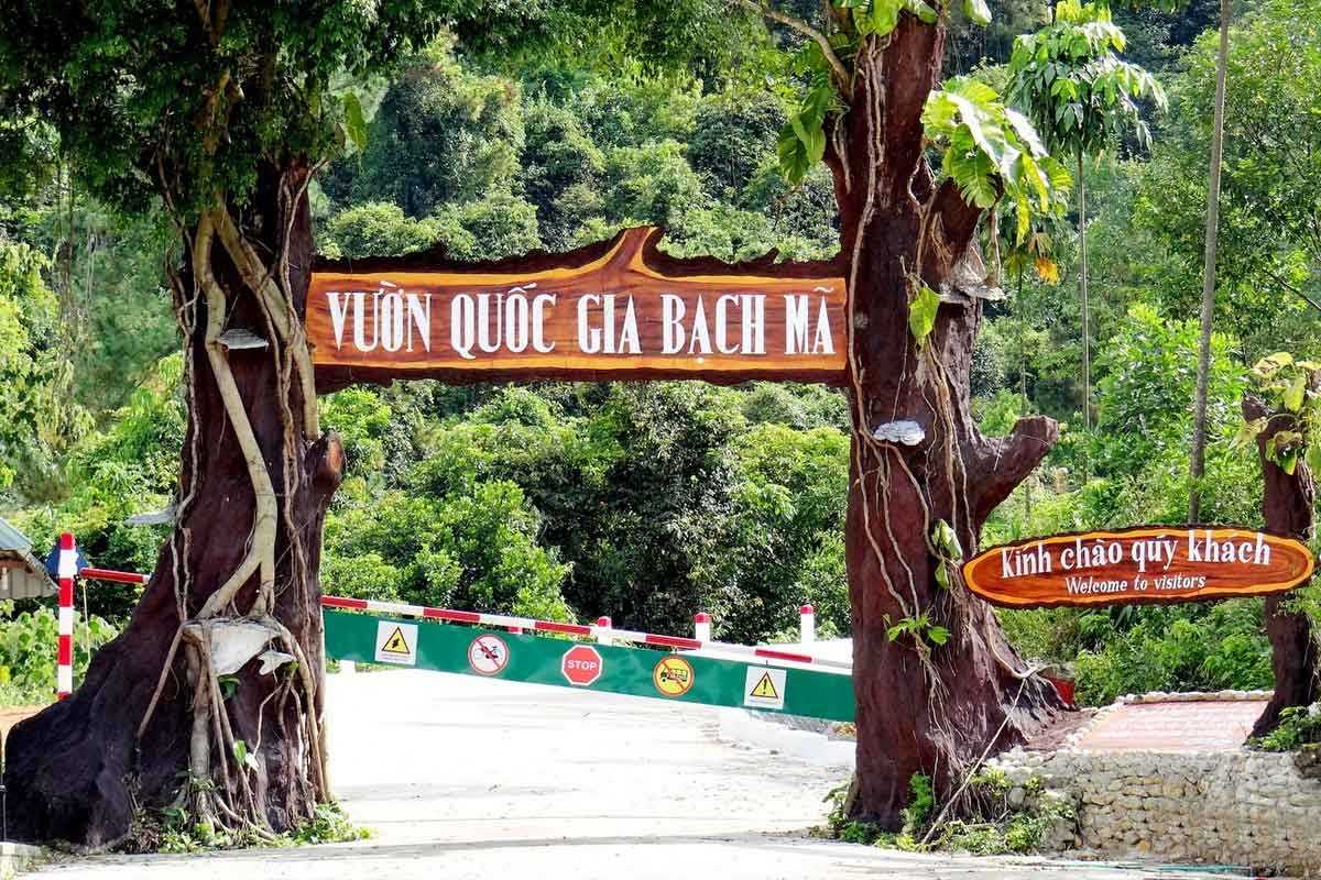 Entrance Gate Sign of Bach Ma National Park Wooden entrance gate sign reading