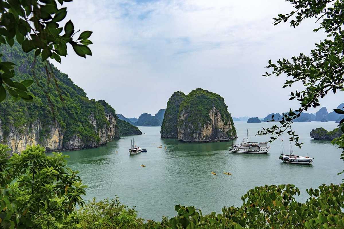 Bai Tu Long Bay cruising boats among karsts Cruising boats navigate calm waters among towering karst formations in Bai Tu Long Bay Vietnam.