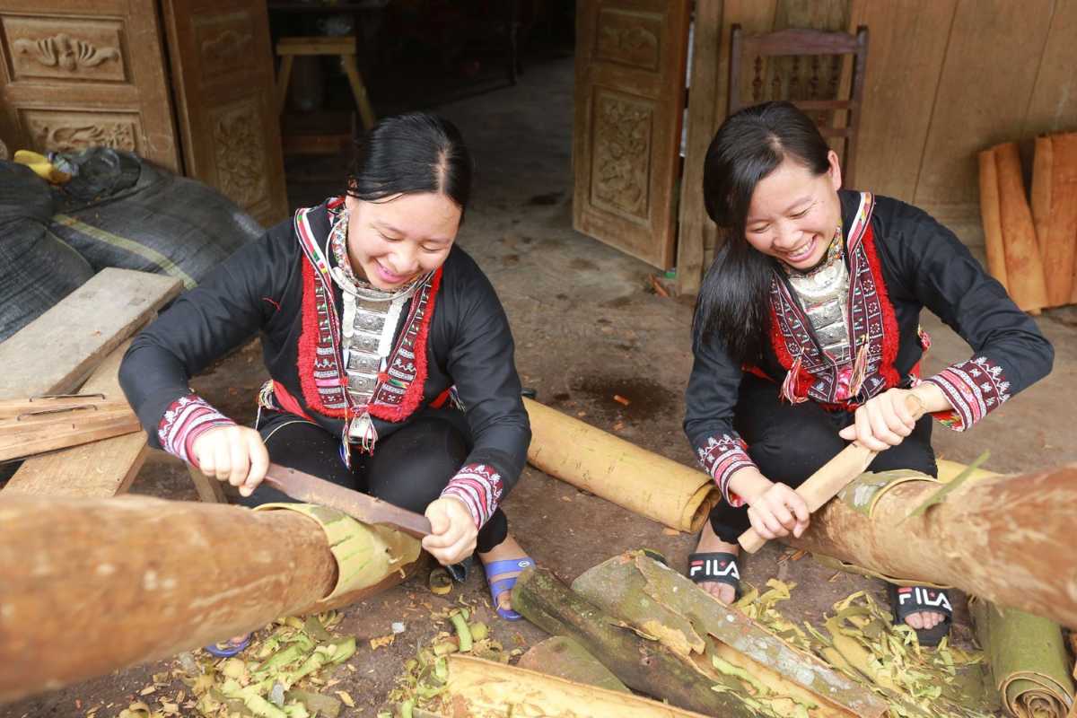 Crafting bamboo at Coc Ly Market village Two ethnic women smile while shaving bamboo for handicraft production near Coc Ly Market in Northwest Vietnam.