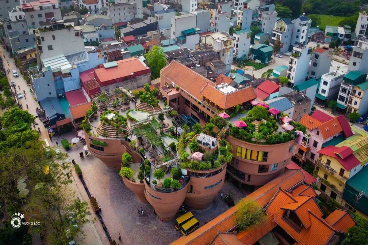 Bat Trang Ceramic Village Aerial View Aerial view of Bat Trang Ceramic Village rooftops and surrounding area in Hanoi