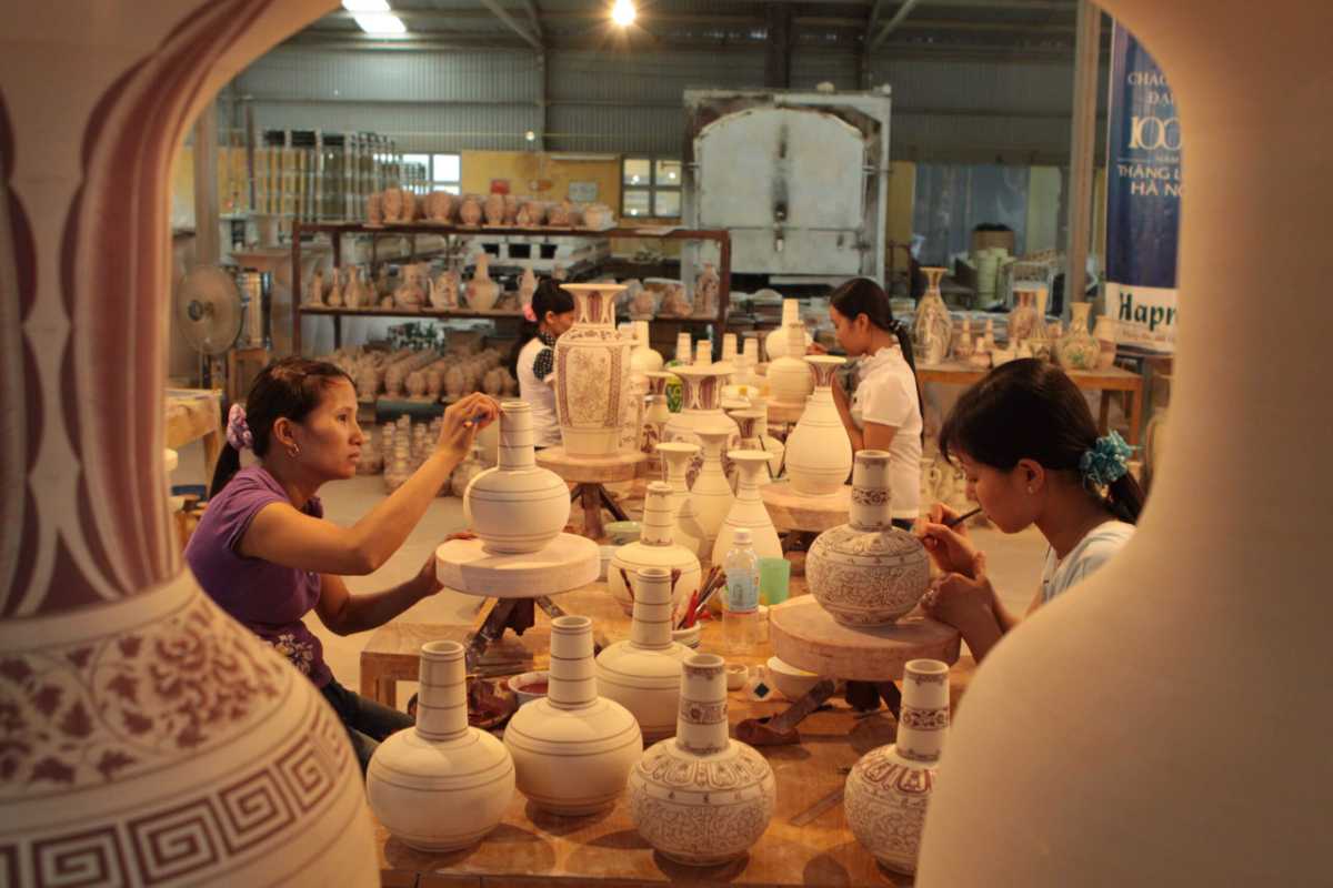 Bat Trang Ceramic Village Pottery Shop Interior Interior of a pottery shop at Bat Trang Ceramic Village filled with handcrafted ceramic products