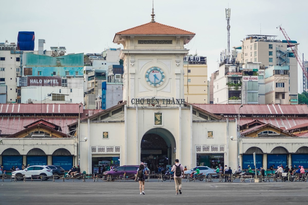 Ben Thanh Market entrance showcasing Vietnamese architecture and culture.