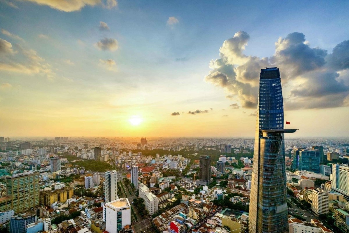 Bitexco Tower at dusk in Ho Chi Minh City skyline