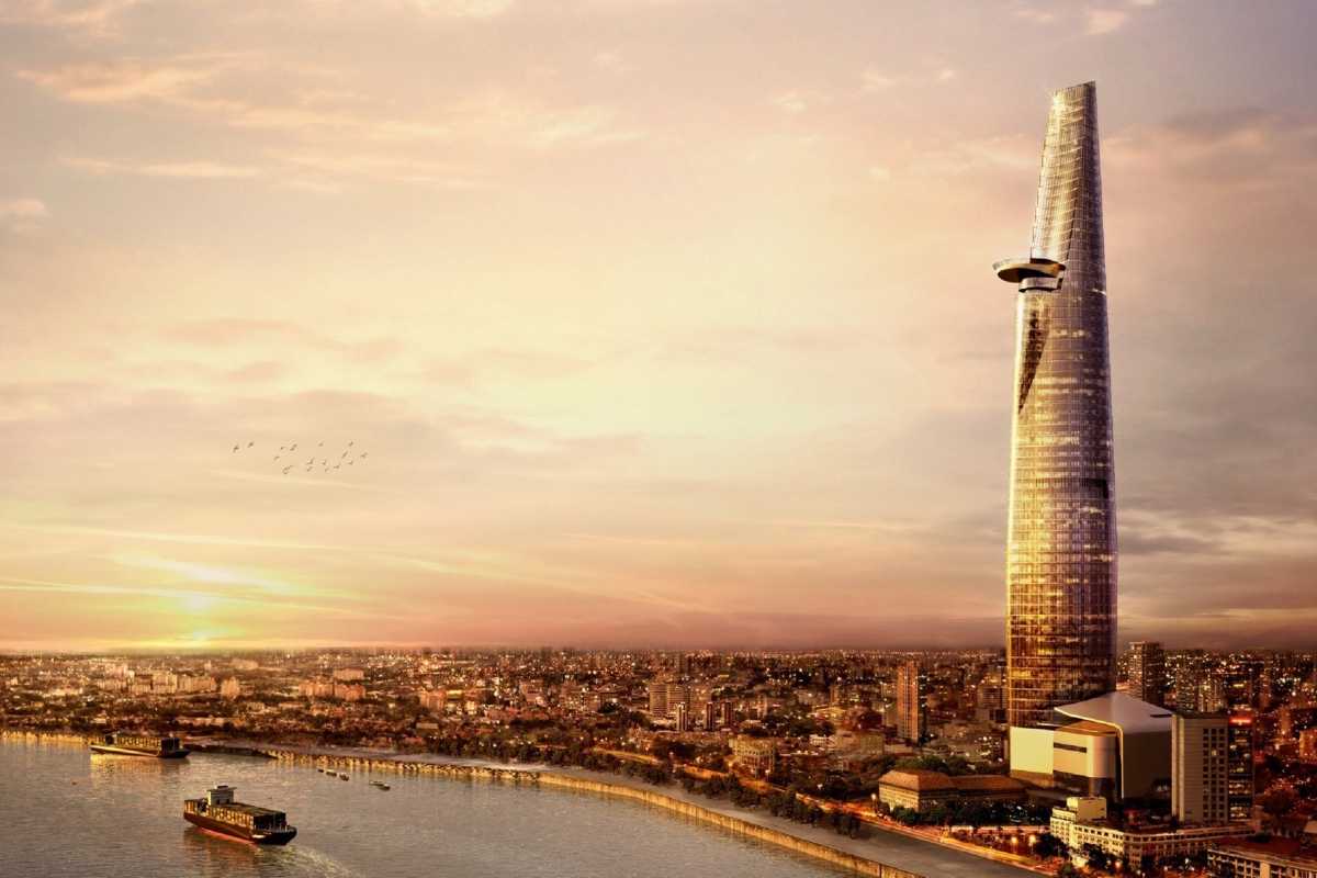 Bitexco Tower at Sunrise with Cityscape Early morning sunrise over Bitexco Tower and Ho Chi Minh City’s sprawling urban landscape