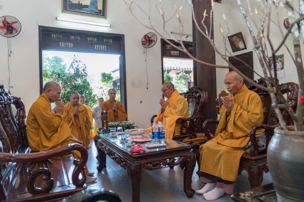 Buddhist monks praying at Chuc Thanh Pagoda