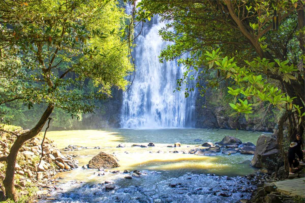 Cam Ly Waterfall Da Lat scenic waterfall pool view Cam Ly Waterfall Da Lat with sunlight illuminating the pool and lush greenery surrounding the tranquil waterfall