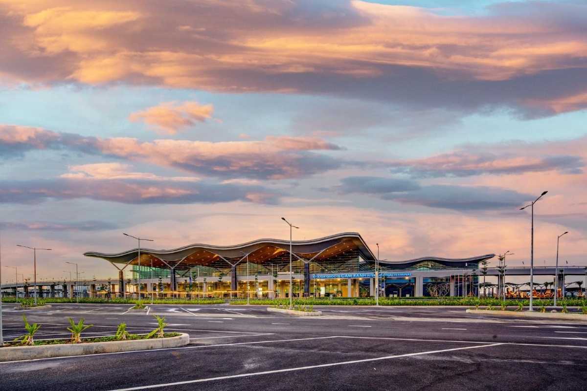 Cam Ranh International Airport Terminal Exterior Sunset Sunset exterior view of Cam Ranh International Airport terminal with warm lighting