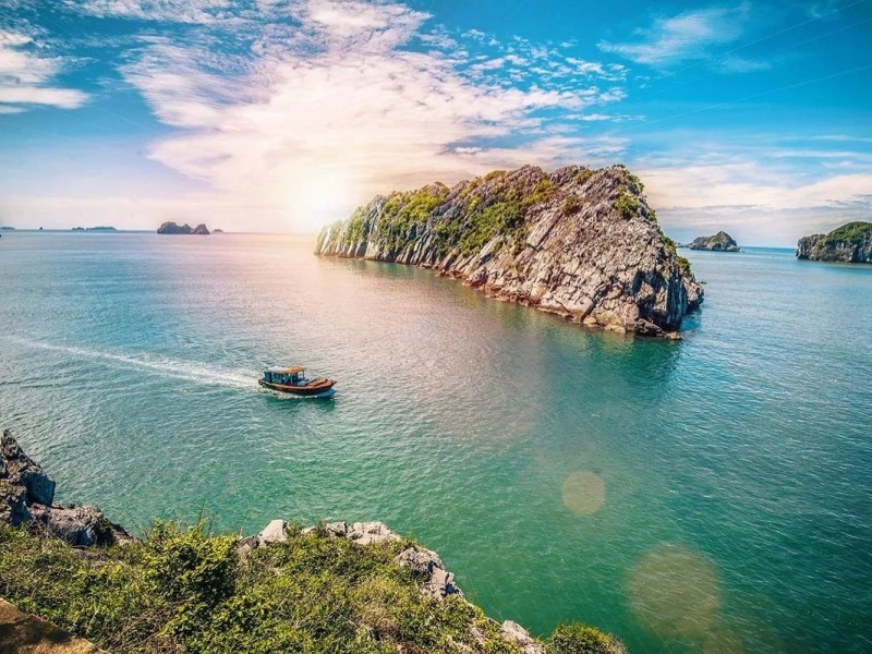 Aerial view of Cat Ba Island with fishing villages