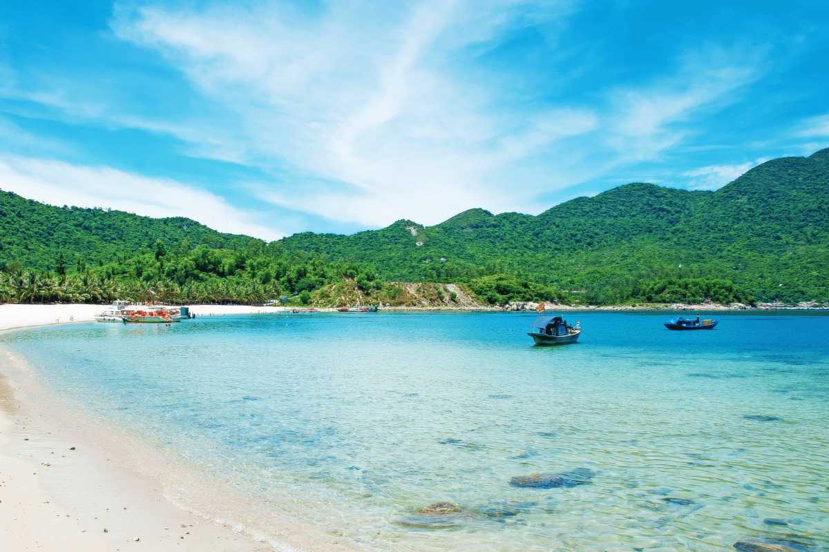 Aerial View of Cham Islands Main Village and Harbor Elevated view of the main village and harbor area surrounded by lush hills on Cham Islands