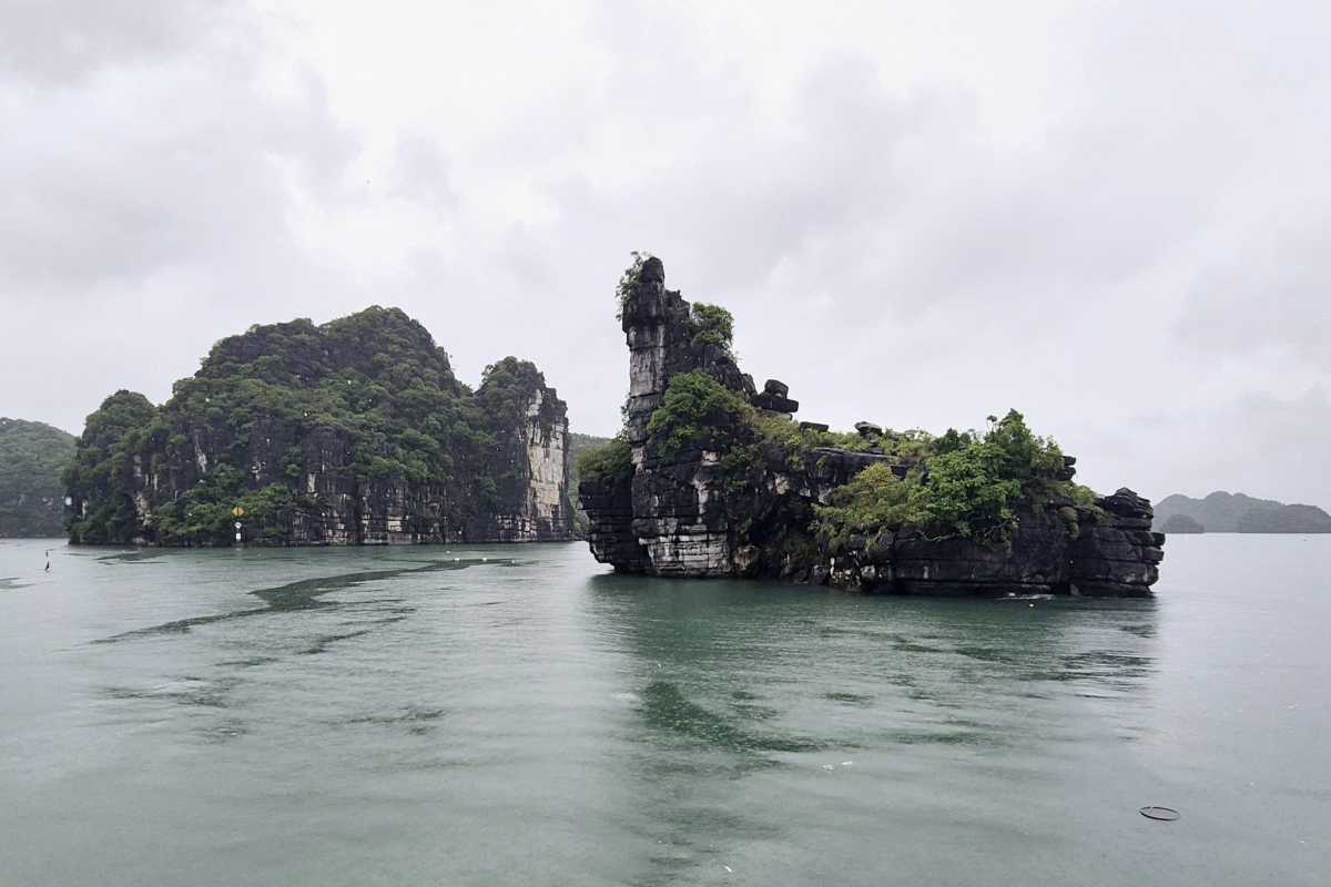 Cho Da Islet Halong Bay rugged limestone cliff Rugged limestone cliff covered in greenery on Cho Da Islet Halong Bay with calm waters below.