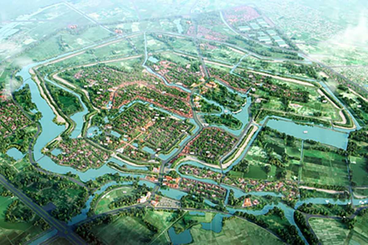Aerial View of Co Loa Ancient Citadel Temple Aerial view of Co Loa Ancient Citadel temple complex surrounded by greenery and pathways