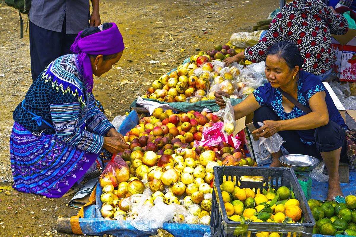 Coc Ly Market Sapa ethnic fruit vendors Coc Ly Market Sapa ethnic women selling fresh fruits, including apples and citrus, in a colorful open-air stall.
