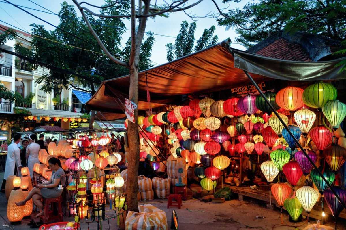 Colorful Lantern Stall at Hoi An Night Market Vibrant lanterns in various shapes and colors glowing at a busy stall in the Hoi An Night Market