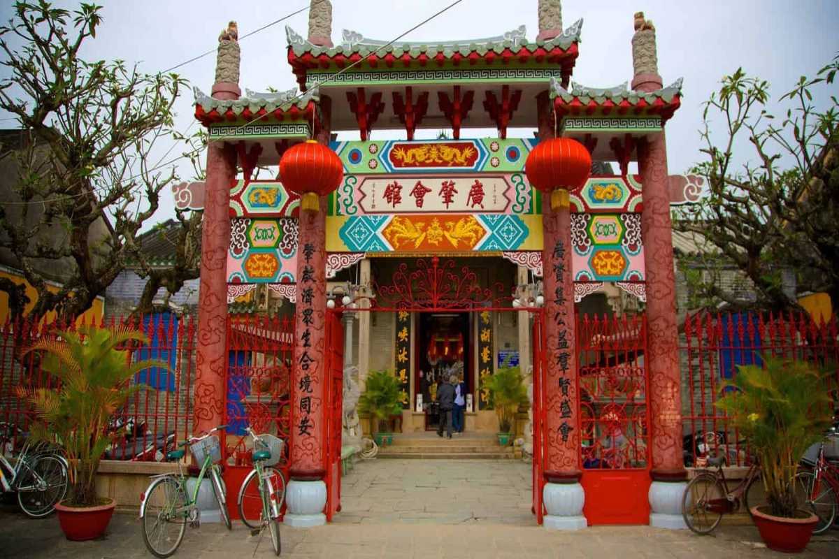Colorful Pavilion Entrance at Cantonese Assembly Hall Colorful pavilion entrance with lanterns and ornate roof at Cantonese Assembly Hall Hoi An