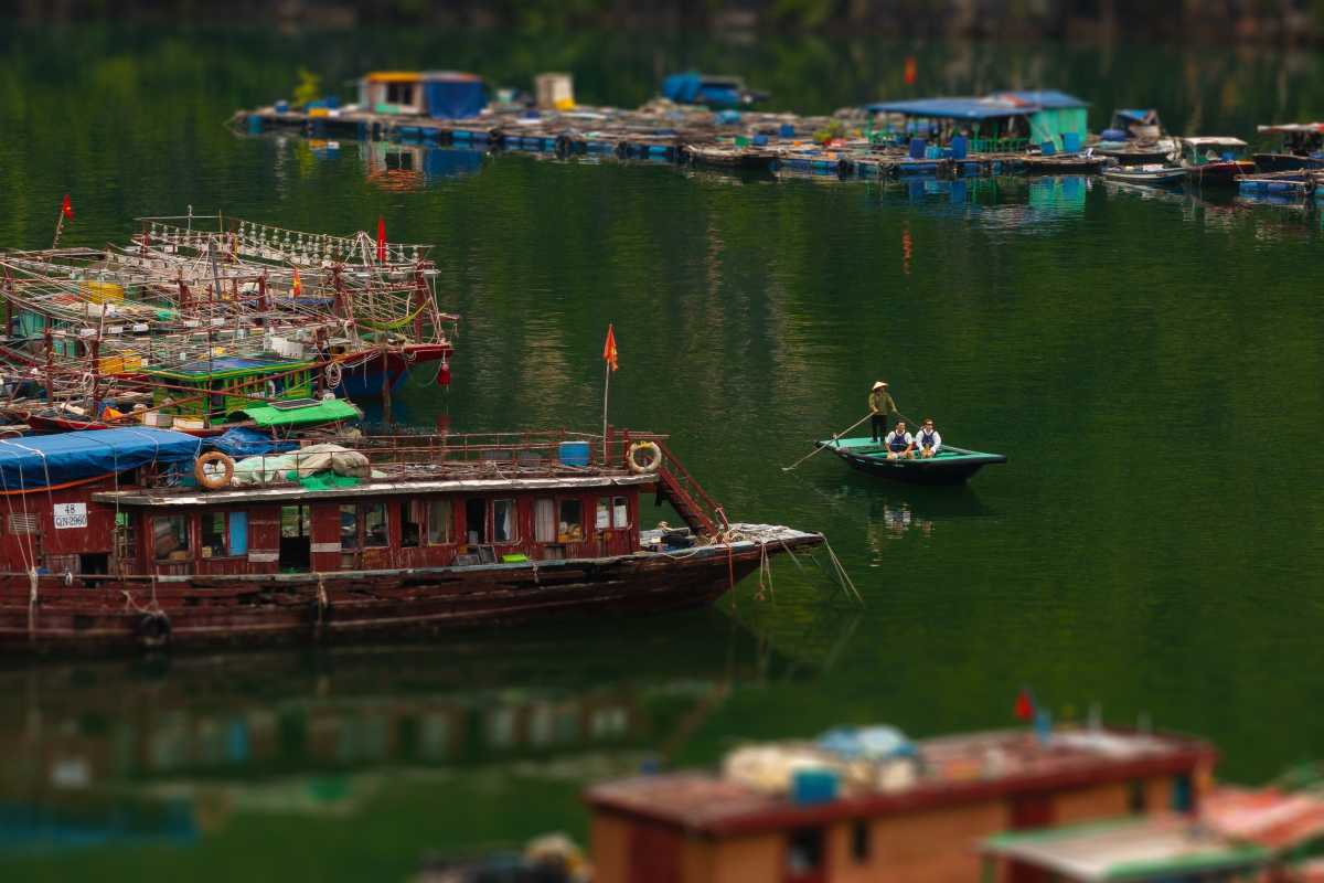 Cua Van Floating Village Halong Bay Fishing Boats Traditional fishing boats moored in Cua Van Floating Village Halong Bay with calm waters and mountains nearby