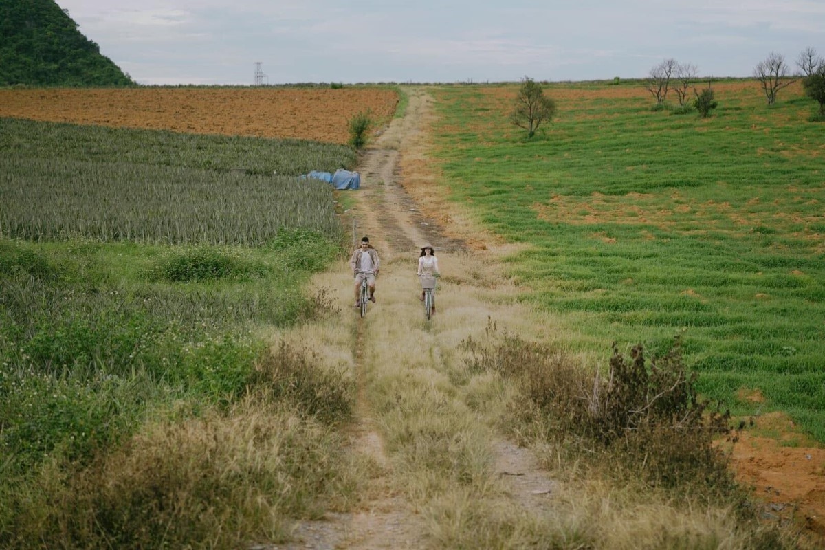 Couple cycling through the lush Tam Diep Pineapple fields