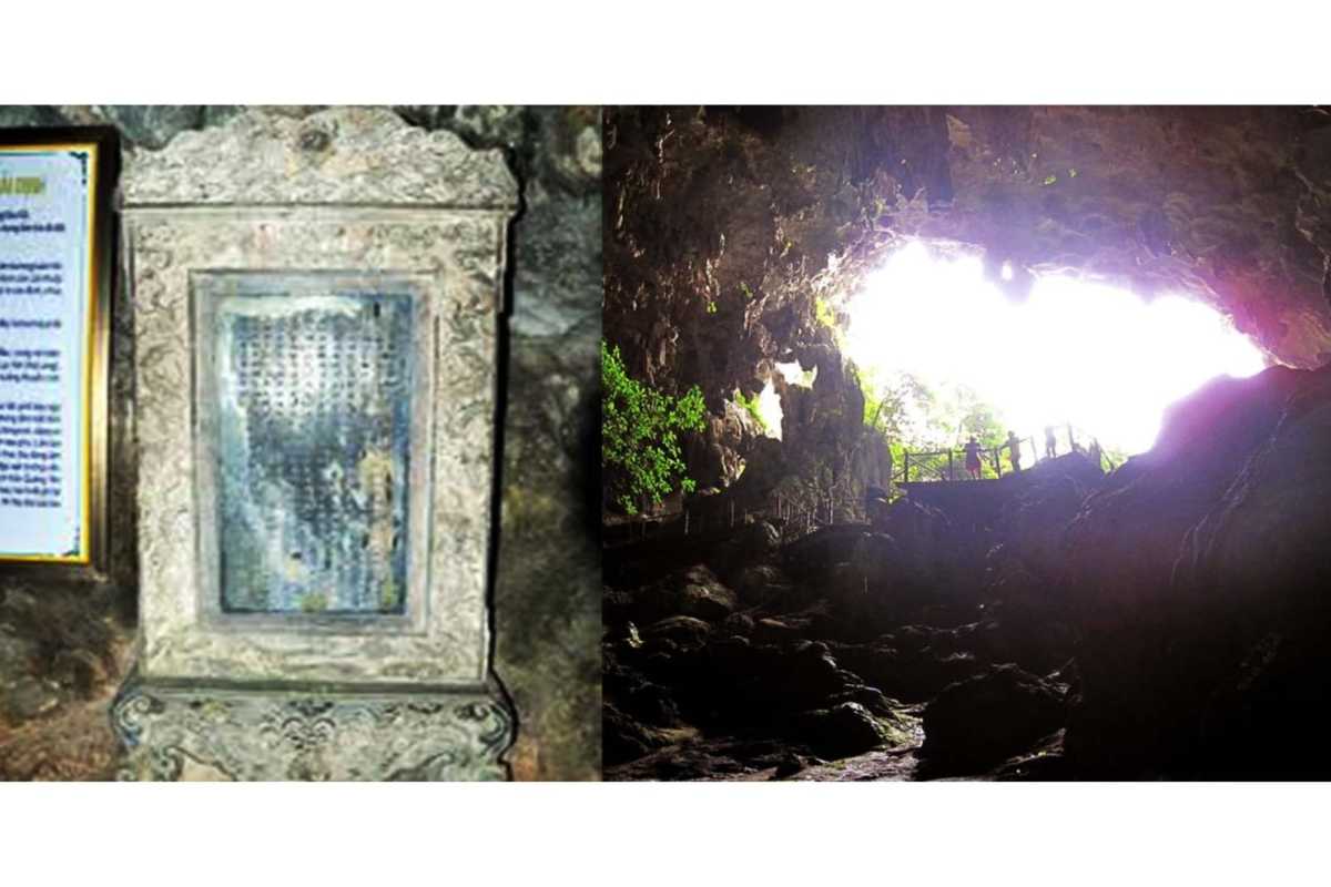 Dau Go Cave Halong Bay historic stone inscription panel Historic stone inscription panel displayed inside Dau Go Cave Halong Bay near the cave entrance area.