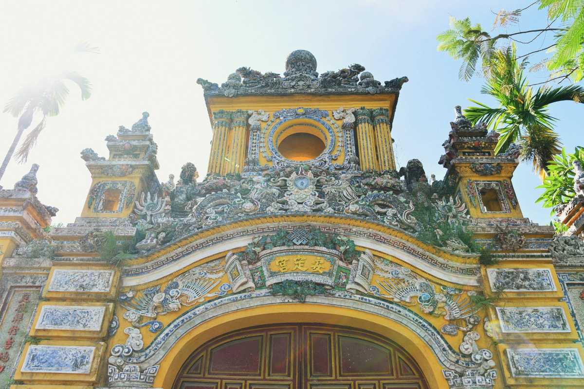 Detailed Architectural Ornamentation at An Dinh Palace Close-up of intricate architectural details and ornamental carvings at An Dinh Palace in Hue