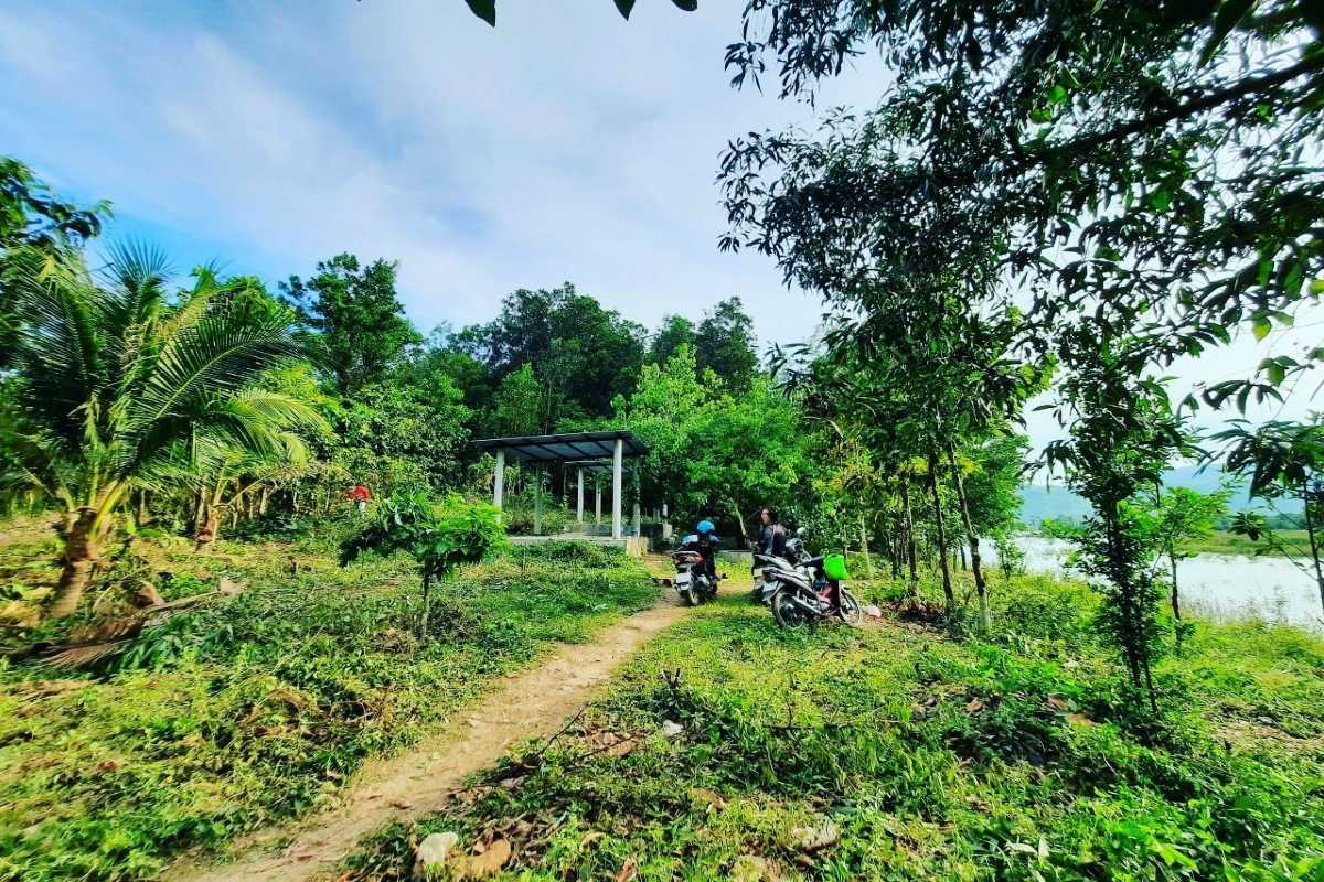 Countryside Shelter in Diên Điền Small shelter structure surrounded by green forest and motorbikes in Diên Điền countryside.