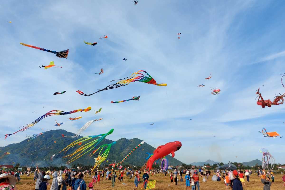 Kite Festival near Diên Điền Colorful kites flying high over a festive field with mountains in the background near Diên Điền.
