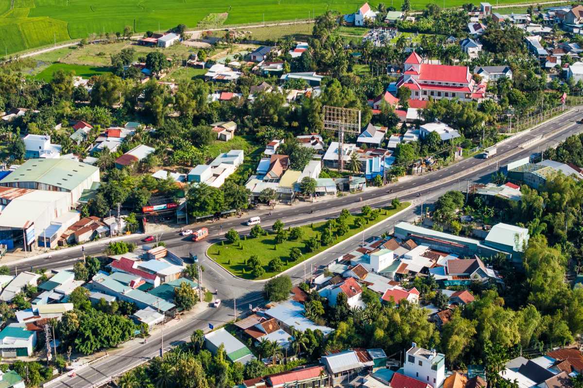 Aerial View of Diên Khánh District Wide-angle shot of Diên Khánh with roads, houses, and rice fields in Khánh Hòa Province.