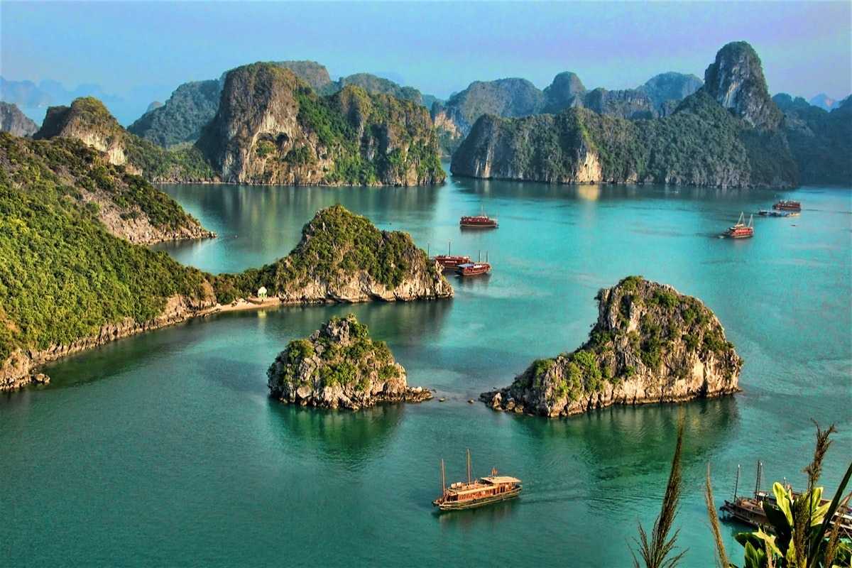 Dinh Huong Islet Halong Bay limestone cliffs close-up Close-up of towering limestone cliffs on Dinh Huong Islet Halong Bay covered in lush green foliage