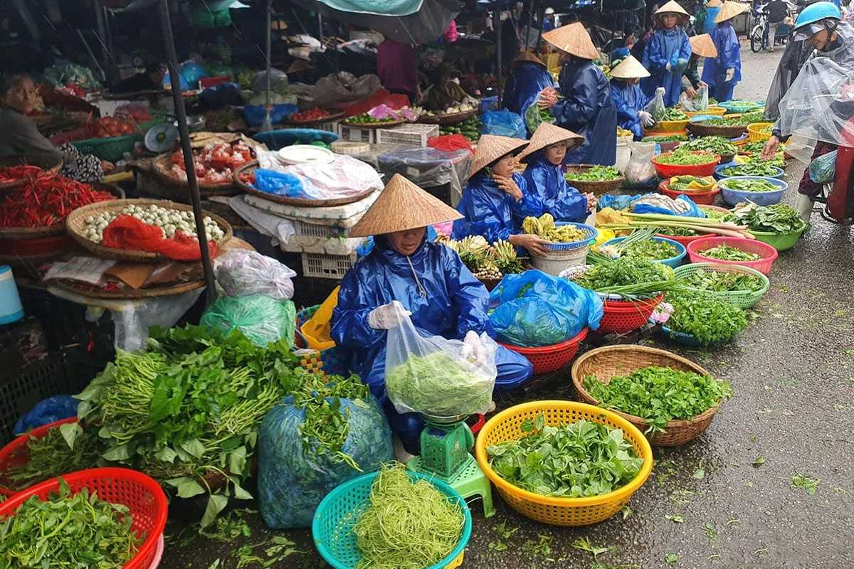 Rainy Day Produce Market at Dong Ba Market Hue Women in blue raincoats and conical hats sell fresh herbs and vegetables at Dong Ba Market on a rainy day
