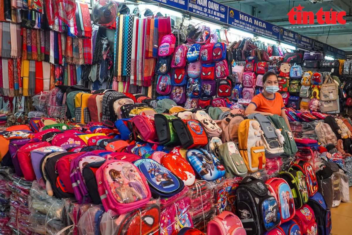 Children's Backpacks for Sale at Dong Xuan Market Colorful children's backpacks displayed for sale inside Dong Xuan Market